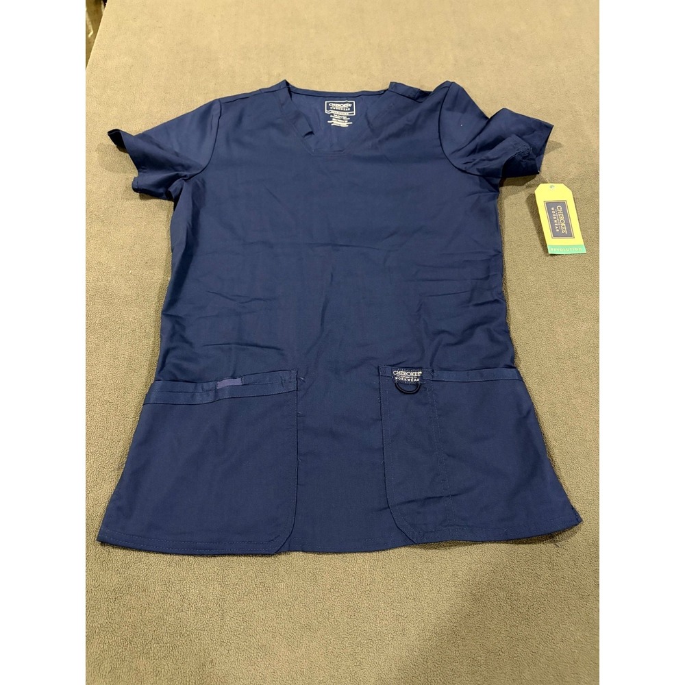 Cherokee Workwear Revolution Scrub Top Women XS Navy Blue Stretch V Neck Medical